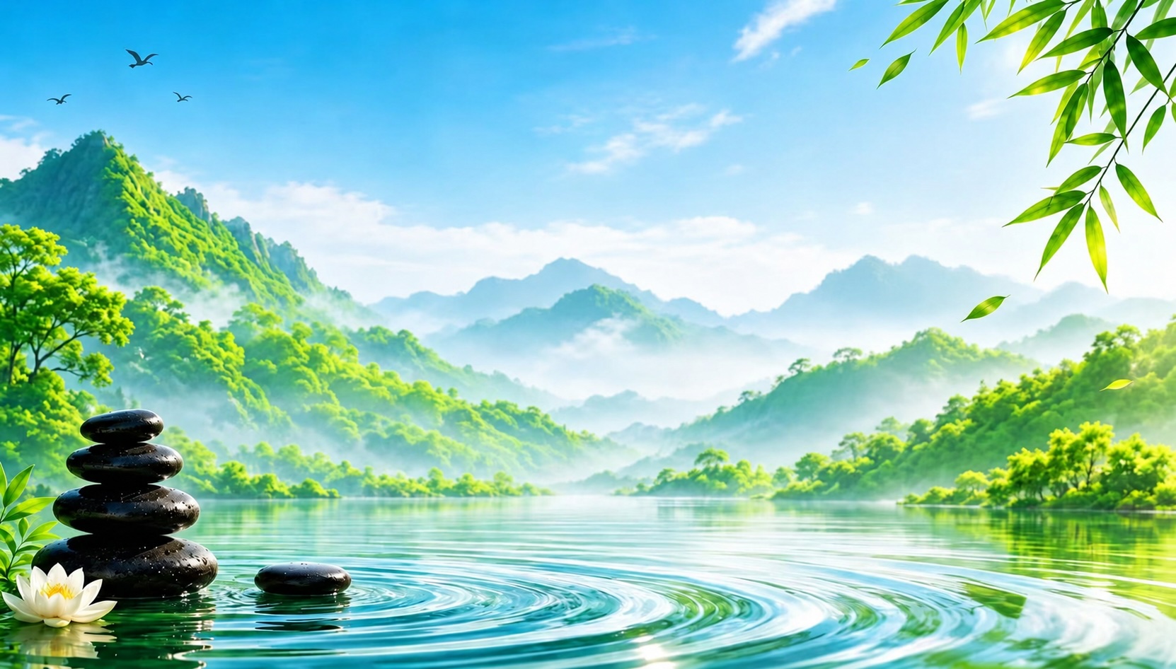 Zen stones and lotus on tranquil water with green mountains