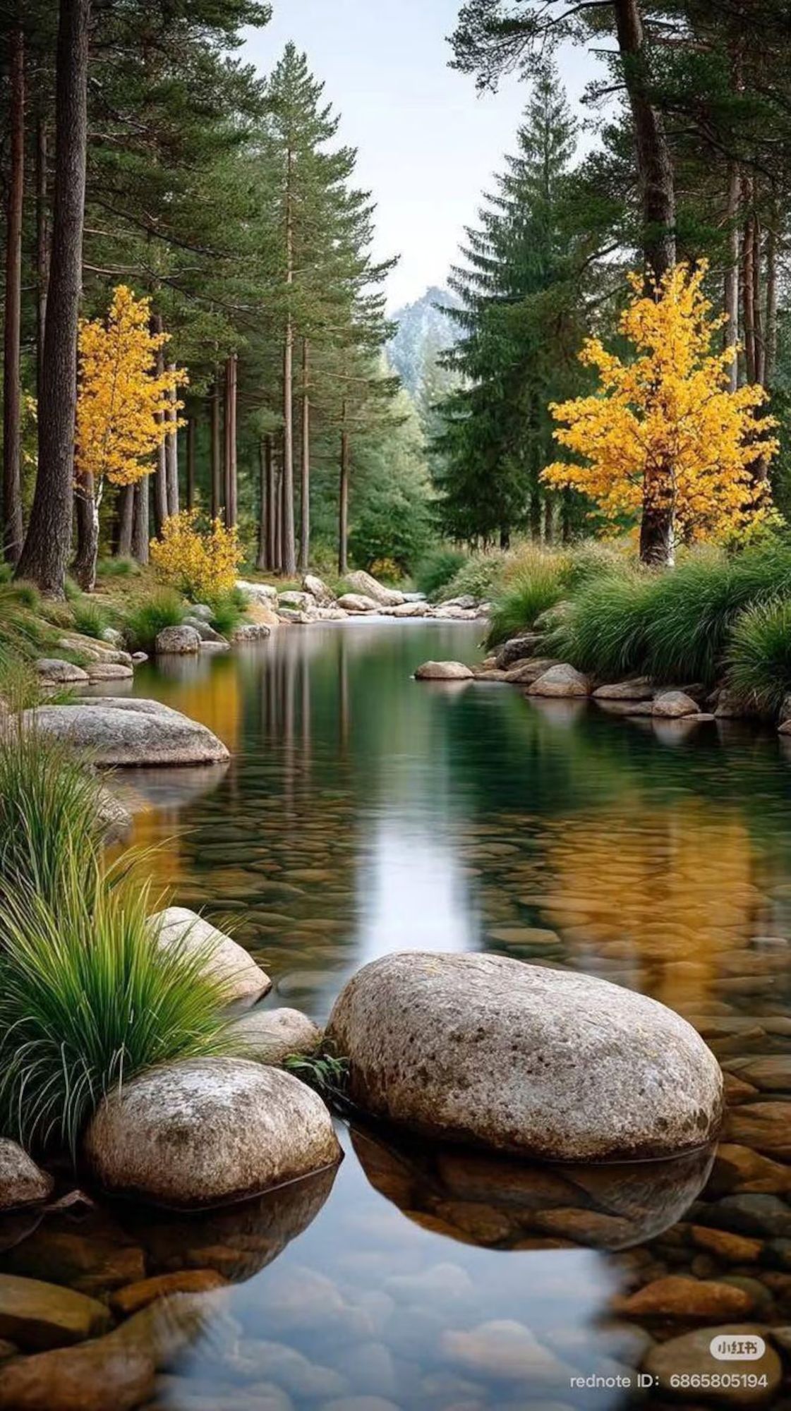 Peaceful nature scene with stream and trees